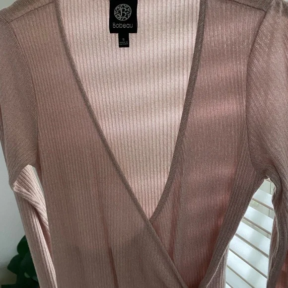 Balletcore Wrap Side Tie Long Sleeve Top | Bobeau Dusty Rose Pink Ribbed Sweater - Picture 7 of 16